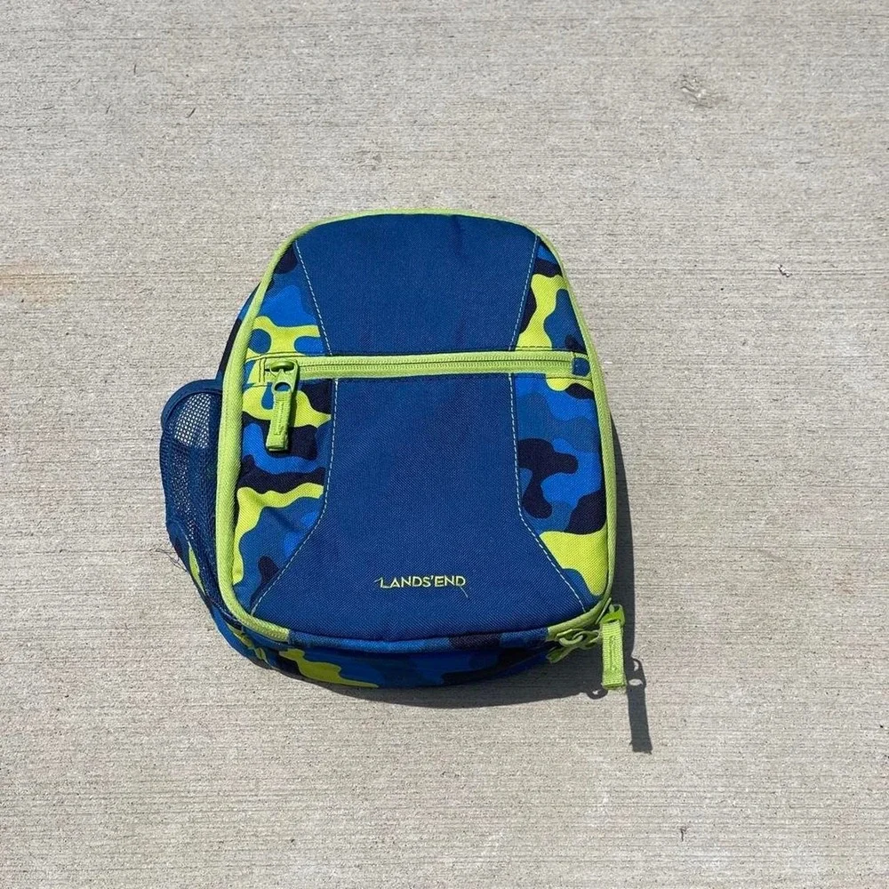 Lands End Kids Insulated Camo Lunch Box with Bento Box Container Blue Green